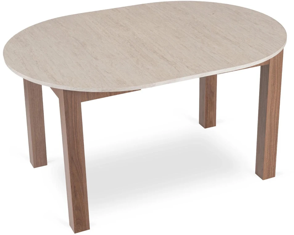 Mebel Elite Išskleidžiamas apvalus stalas HARRY, 102–142 cm, travertino ir riešuto „Nicea“ spalvų