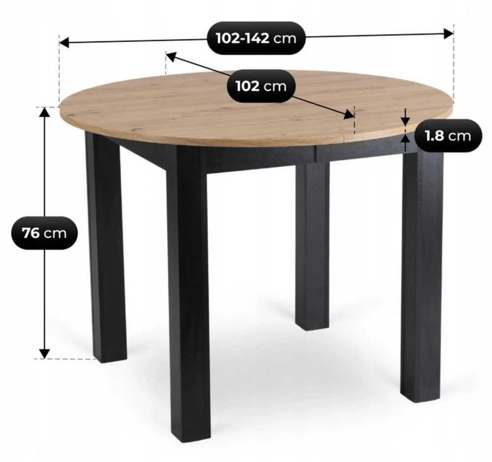 Mebel Elite Išskleidžiamas apvalus stalas HARRY, 102–142 cm, „Artisan“ ąžuolo ir juodos spalvos