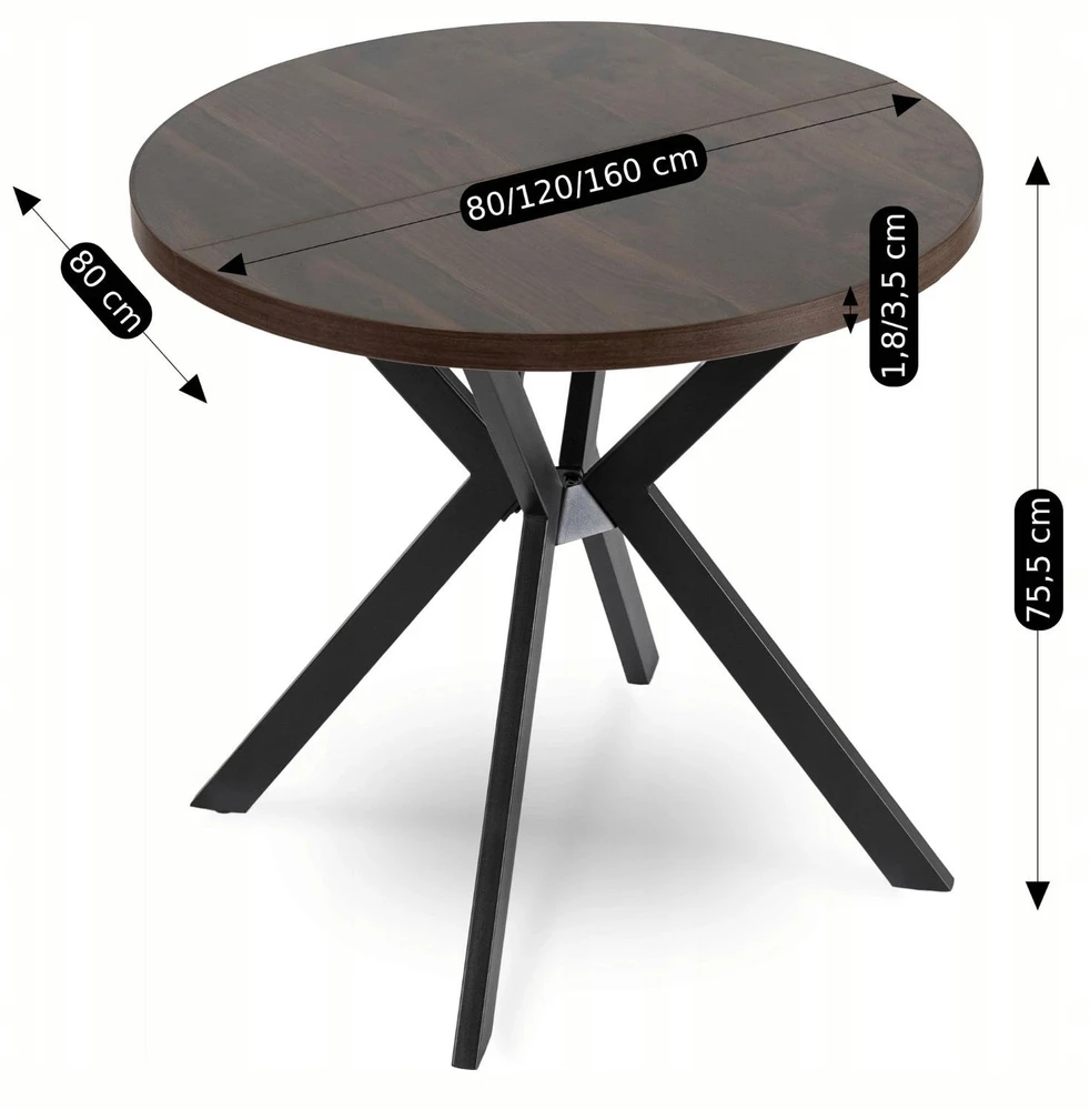 Mebel Elite Išskleidžiamas apvalus stalas, Ø 80 cm, išskleisto ilgis 160 cm, riešuto ir juodos spalvos