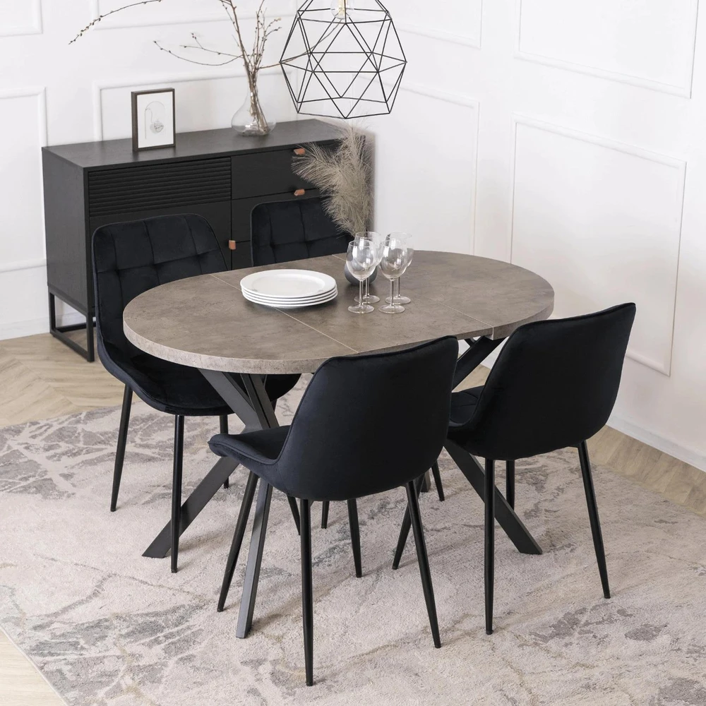 Mebel Elite Išskleidžiamas apvalus stalas, 80–160 cm, betono ir juodos spalvos
