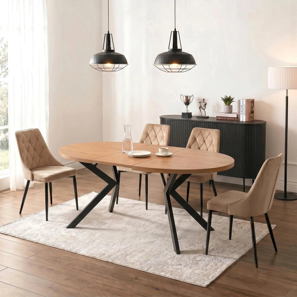 Mebel Elite Išskleidžiamas apvalus stalas, 100–250 cm, aukso ąžuolo ir juodos spalvos