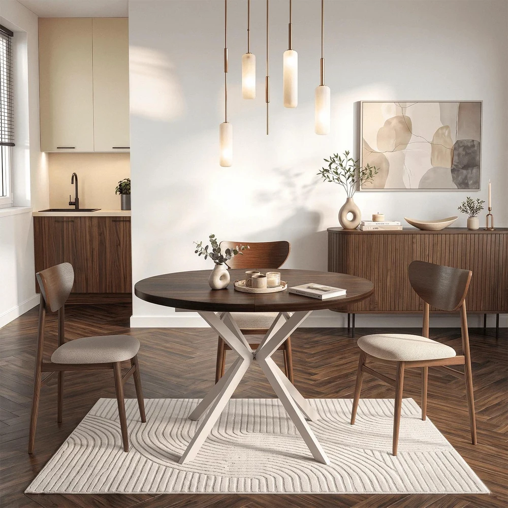 Mebel Elite Išskleidžiamas apvalus stalas LUGO, 90–190 cm, riešutmedžio ir kašmyro spalvų