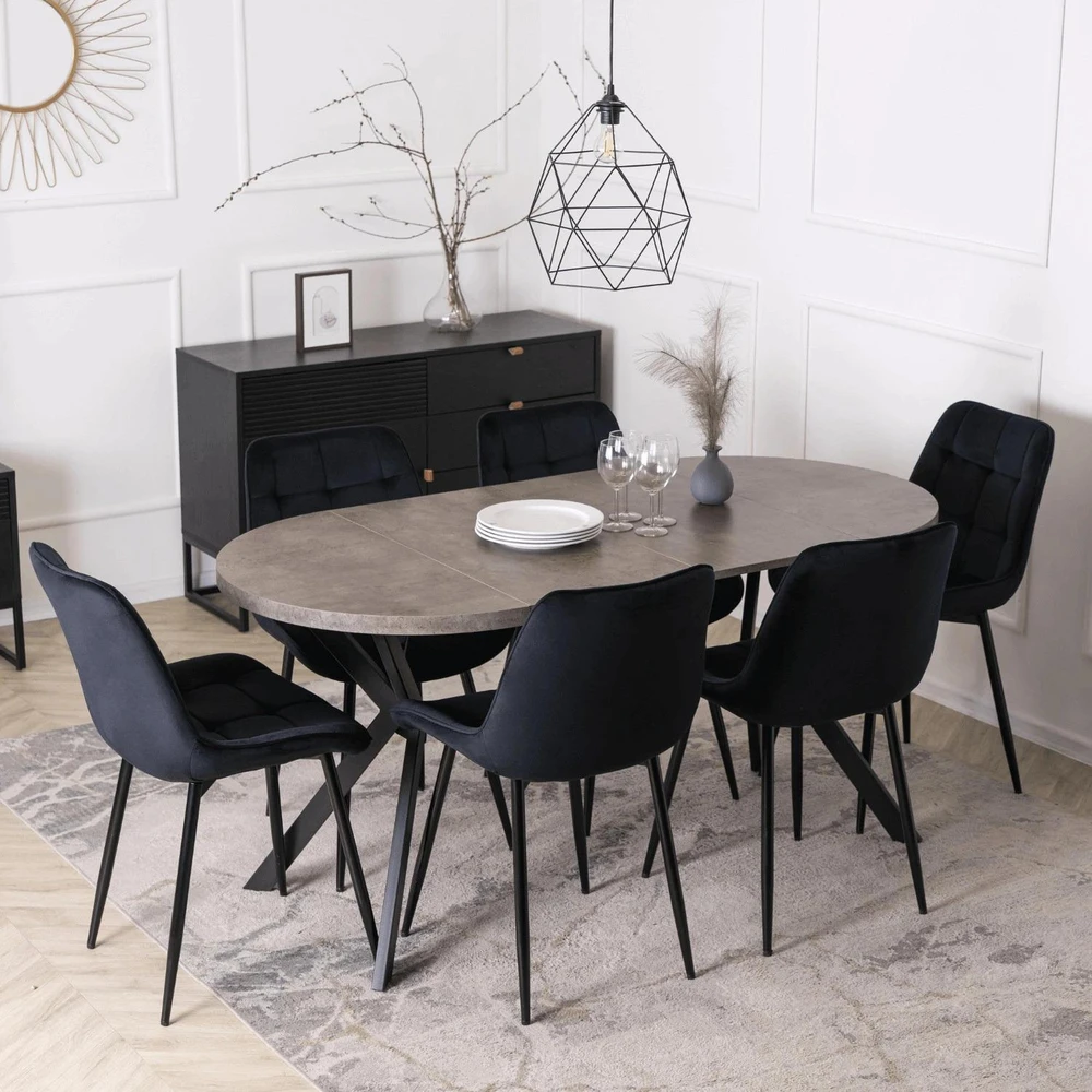 Mebel Elite Išskleidžiamas apvalus stalas, 80–160 cm, betono ir juodos spalvos