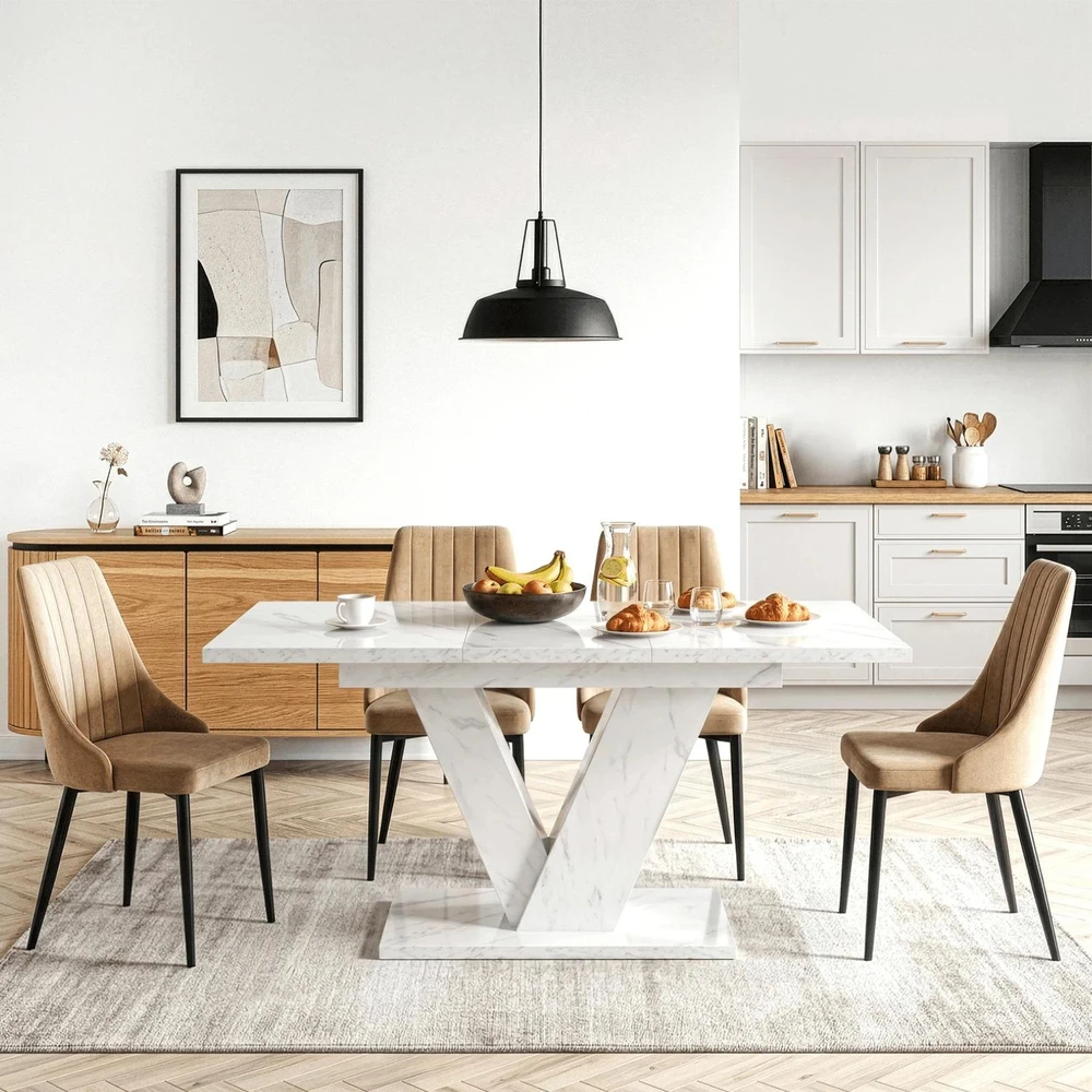 Mebel Elite Išskleidžiamas stalas, 120–160 cm, balto marmuro spalvos