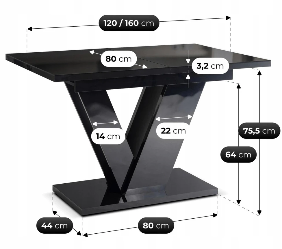 Mebel Elite Išskleidžiamas stalas, 120–160 cm, juodas blizgus