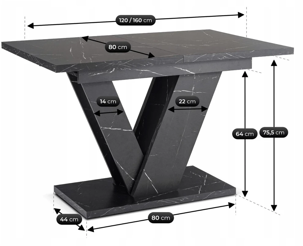 Mebel Elite Išskleidžiamas stalas, 120–160 cm, juodo marmuro spalvos