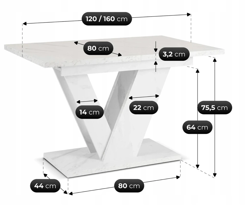 Mebel Elite Išskleidžiamas stalas, 120–160 cm, balto marmuro spalvos