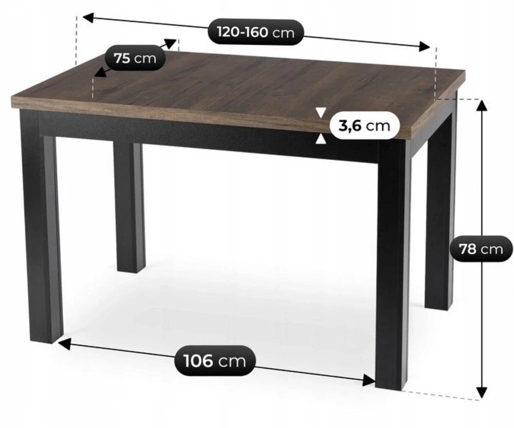 Mebel Elite Išskleidžiamas stalas, 120–160 cm, riešuto ir juodos spalvos
