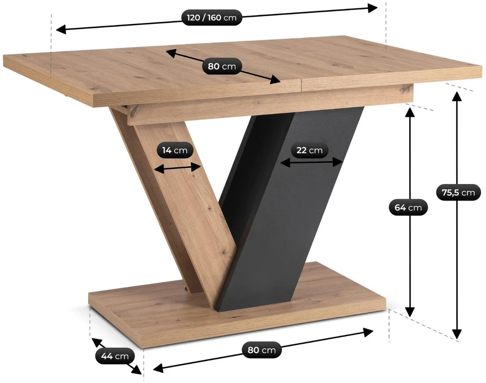 Mebel Elite Išskleidžiamas stalas CLARK, 120–160 cm, Artisan ąžuolo ir juodos spalvos