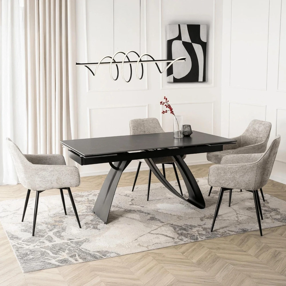 Mebel Elite Išskleidžiamas stalas DEVON, 160–220 cm, juodo marmuro / juodas