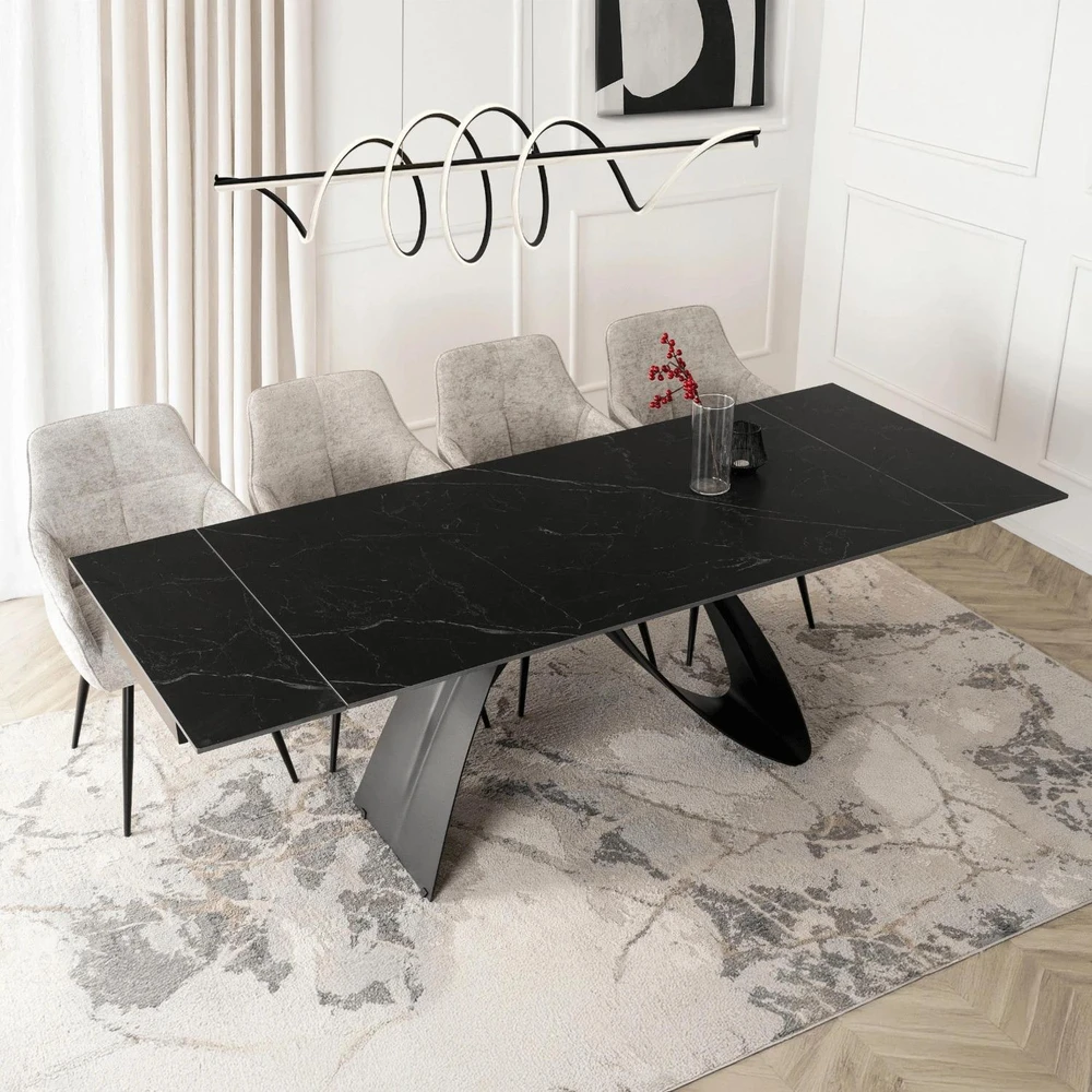 Mebel Elite Išskleidžiamas stalas DEVON, 160–220 cm, juodo marmuro / juodas