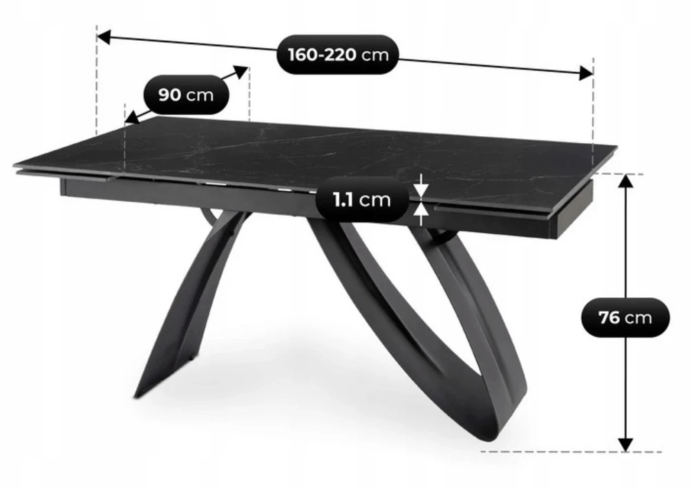 Mebel Elite Išskleidžiamas stalas DEVON, 160–220 cm, juodo marmuro / juodas