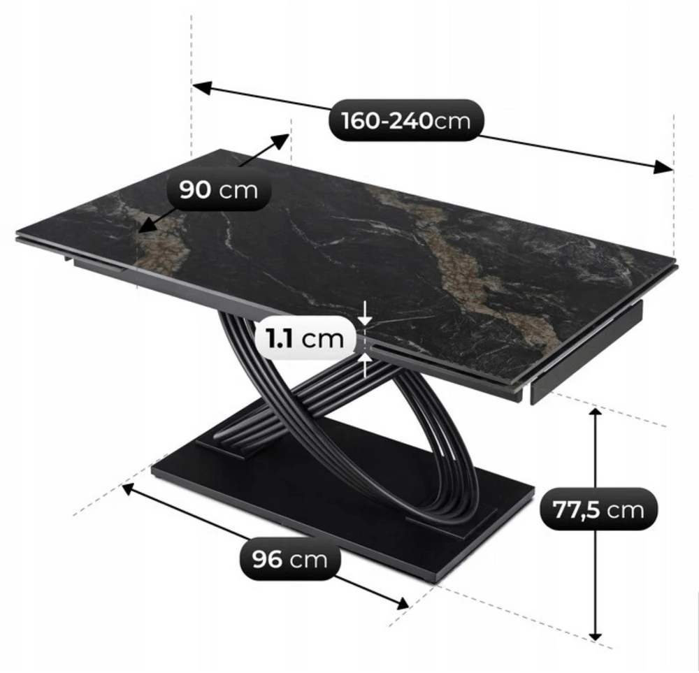 Mebel Elite Išskleidžiamas stalas IBIZA, 160–240 cm, juodas marmuras