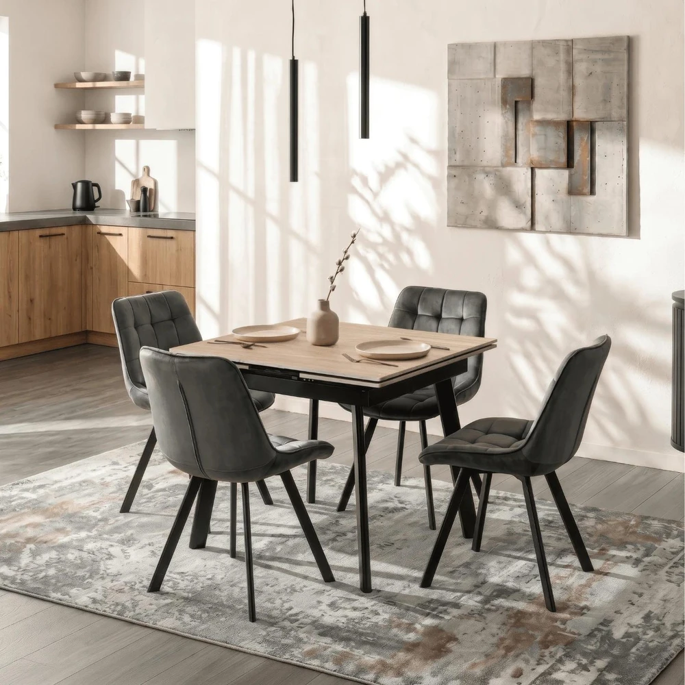 Mebel Elite Išskleidžiamas stalas LARES, keraminis stalviršis, 90–150 cm, ąžuolo ir juodos spalvos