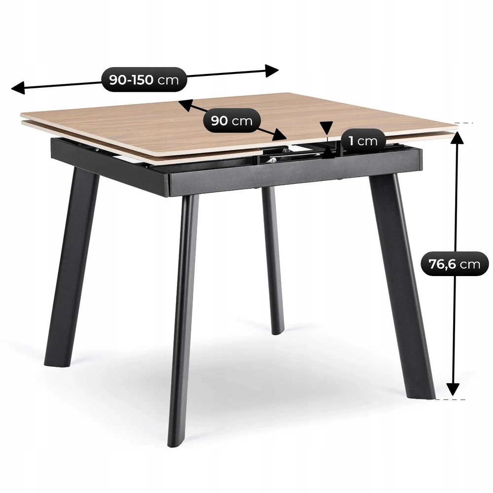 Mebel Elite Išskleidžiamas stalas LARES, keraminis stalviršis, 90–150 cm, ąžuolo ir juodos spalvos