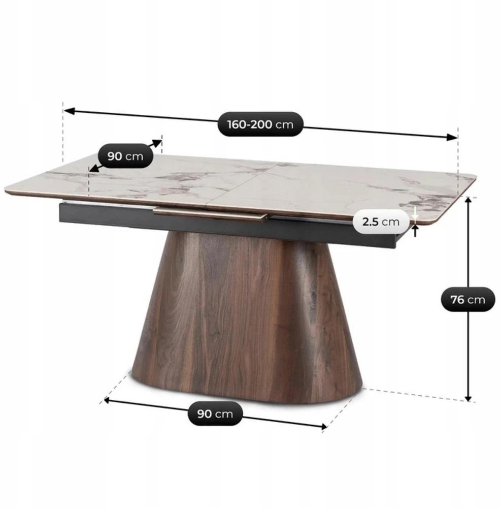 Mebel Elite Išskleidžiamas stalas LIZBONA, 160–200 cm, balto marmuro ir riešutmedžio spalvos