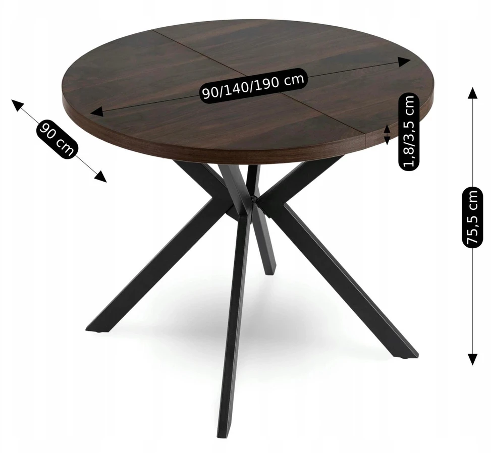 Mebel Elite Išskleidžiamas stalas LUGO, Ø 90 cm, ilgis išskleidus 190 cm, riešuto ir juodos spalvos