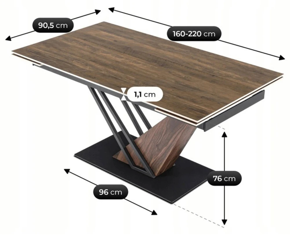 Mebel Elite Išskleidžiamas stalas REX, 160–220 cm, tamsiai rudas / juodas