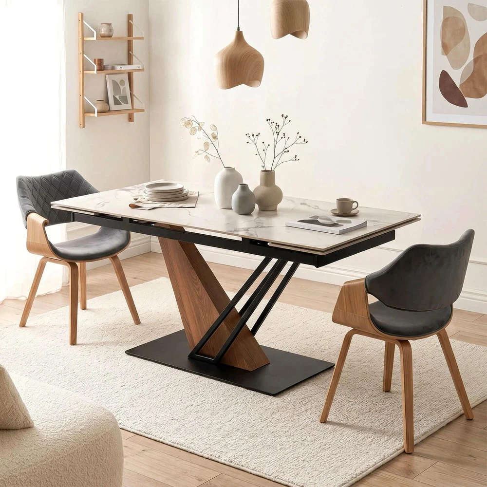 Mebel Elite Išskleidžiamas stalas REX 2, 180–240 cm, balto marmuro ir ąžuolo spalvos