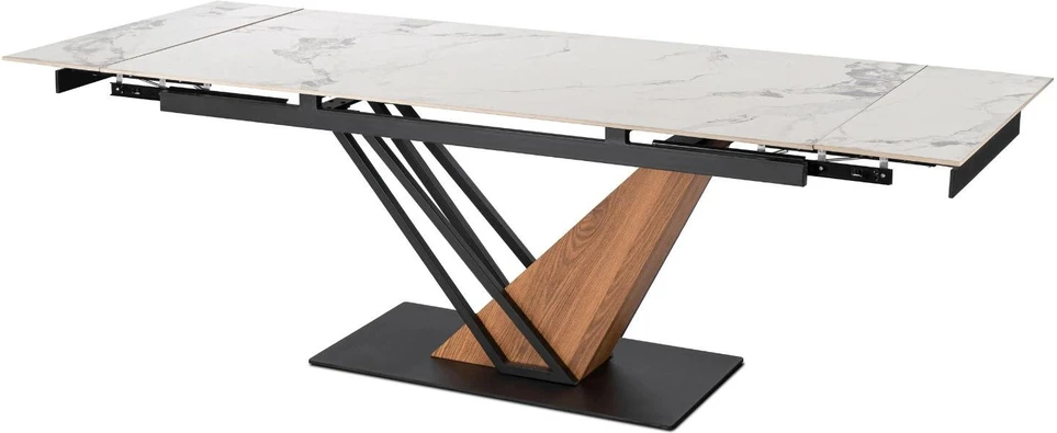 Mebel Elite Išskleidžiamas stalas REX 2, 180–240 cm, balto marmuro ir ąžuolo spalvos