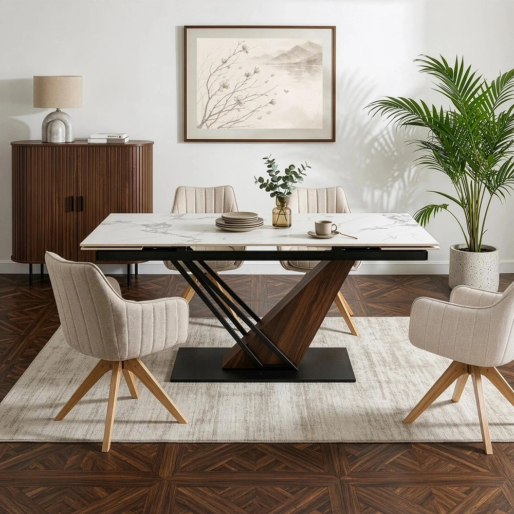 Mebel Elite Išskleidžiamas stalas REX 2, 180–240 cm, balto marmuro / riešuto spalvos