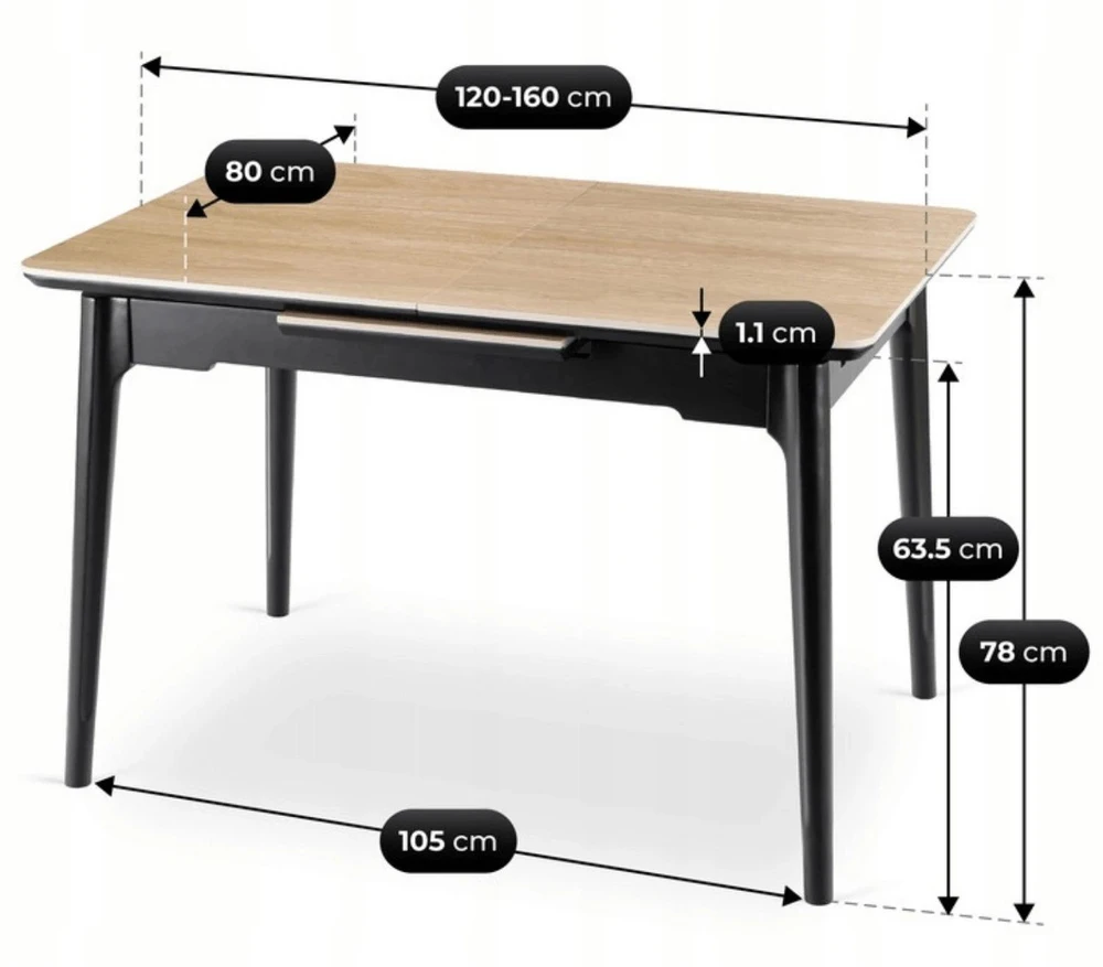Mebel Elite Išskleidžiamas stalas SAMER, 120–160 × 80 cm, juodas / aukso ąžuolo