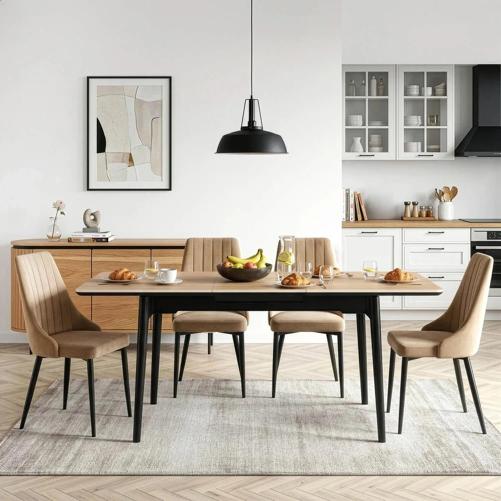 Mebel Elite Išskleidžiamas stalas SAMER, 120–160 × 80 cm, juodas / aukso ąžuolo