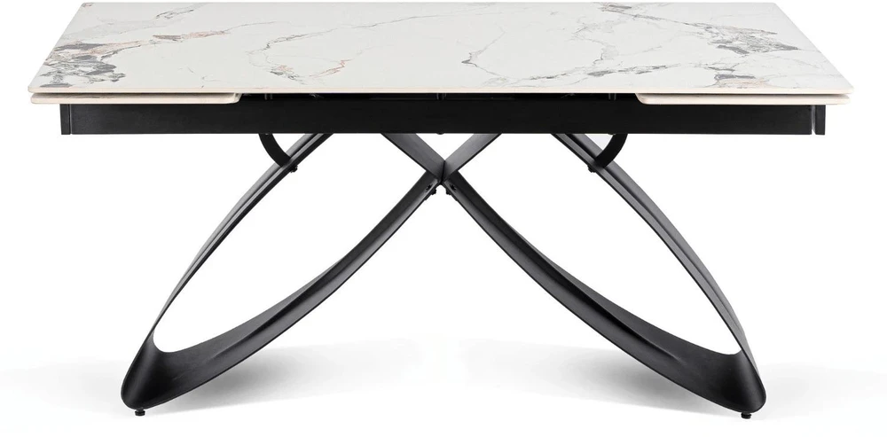 Mebel Elite Išskleidžiamas stalas su keraminiu stalviršiu, 160–240 × 160 cm, balto marmuro / juodas