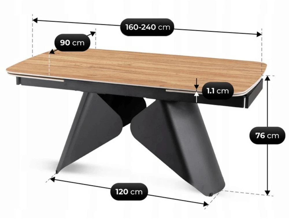 Mebel Elite Išskleidžiamas stalas su keraminiu stalviršiu, 160–240 cm, aukso ąžuolo / juodas