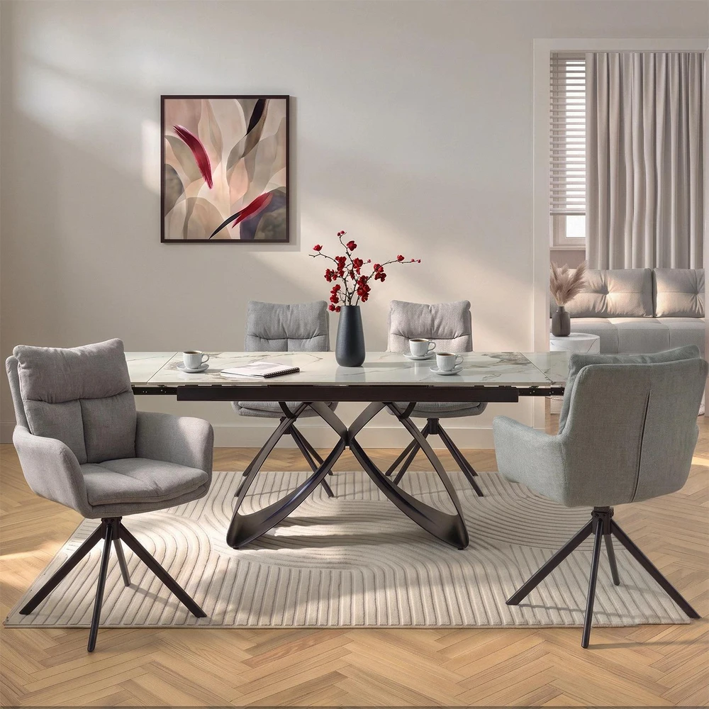 Mebel Elite Išskleidžiamas stalas su keraminiu stalviršiu, 160–240 × 160 cm, balto marmuro / juodas