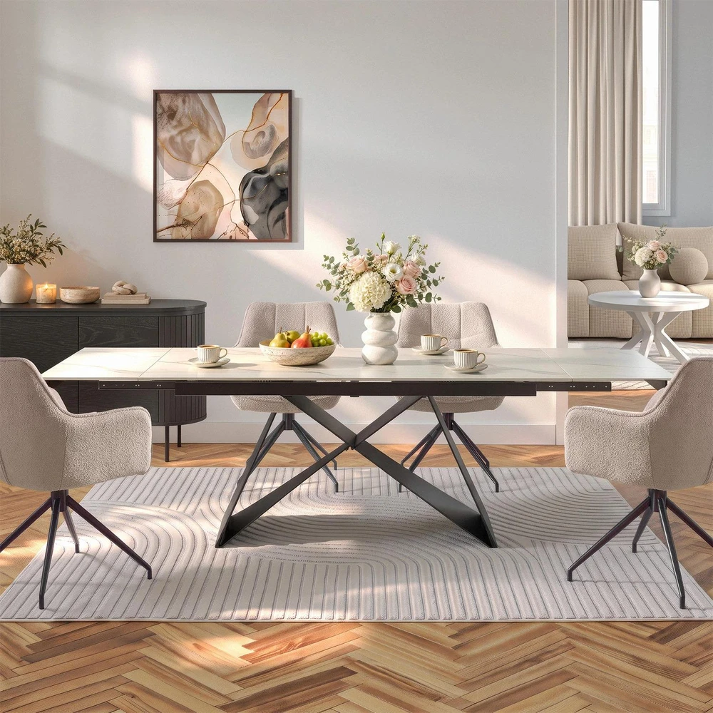 Mebel Elite Išskleidžiamas stalas su keraminiu stalviršiu, 160–240 cm, balto marmuro / juodas