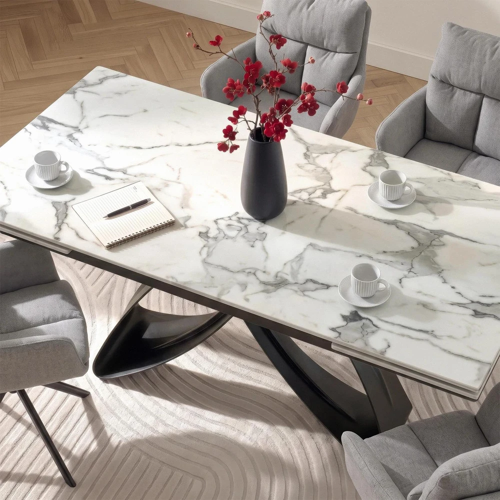 Mebel Elite Išskleidžiamas stalas su keraminiu stalviršiu, 160–240 × 160 cm, balto marmuro / juodas