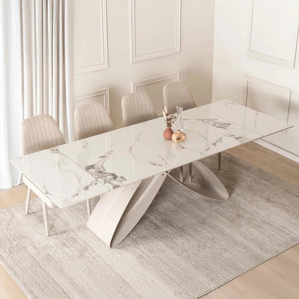 Mebel Elite Išskleidžiamas stalas su keraminiu stalviršiu, 160–240 × 160 cm, balto marmuro ir kašmyro spalvų