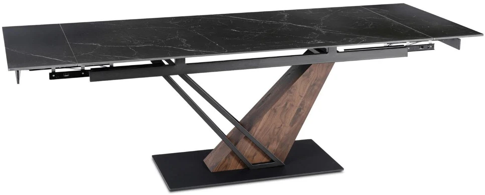 Mebel Elite Išskleidžiamas stalas su keraminiu stalviršiu, 180–240 cm, juodo marmuro ir riešutmedžio spalvos