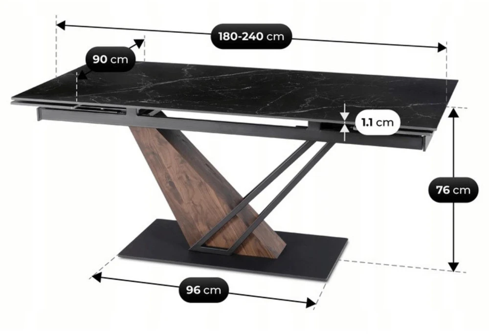 Mebel Elite Išskleidžiamas stalas su keraminiu stalviršiu, 180–240 cm, juodo marmuro ir riešutmedžio spalvos