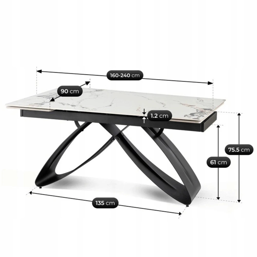 Mebel Elite Išskleidžiamas stalas su keraminiu stalviršiu, 160–240 × 160 cm, balto marmuro / juodas
