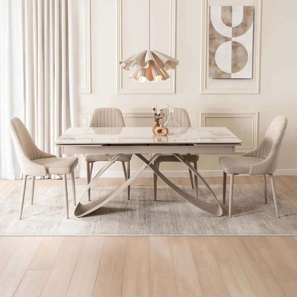 Mebel Elite Išskleidžiamas stalas su keraminiu stalviršiu, 160–240 × 160 cm, balto marmuro ir kašmyro spalvų