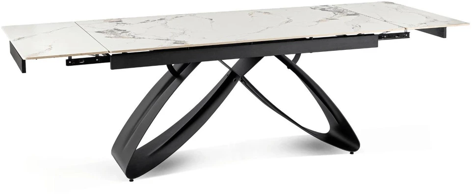 Mebel Elite Išskleidžiamas stalas su keraminiu stalviršiu, 160–240 × 160 cm, balto marmuro / juodas