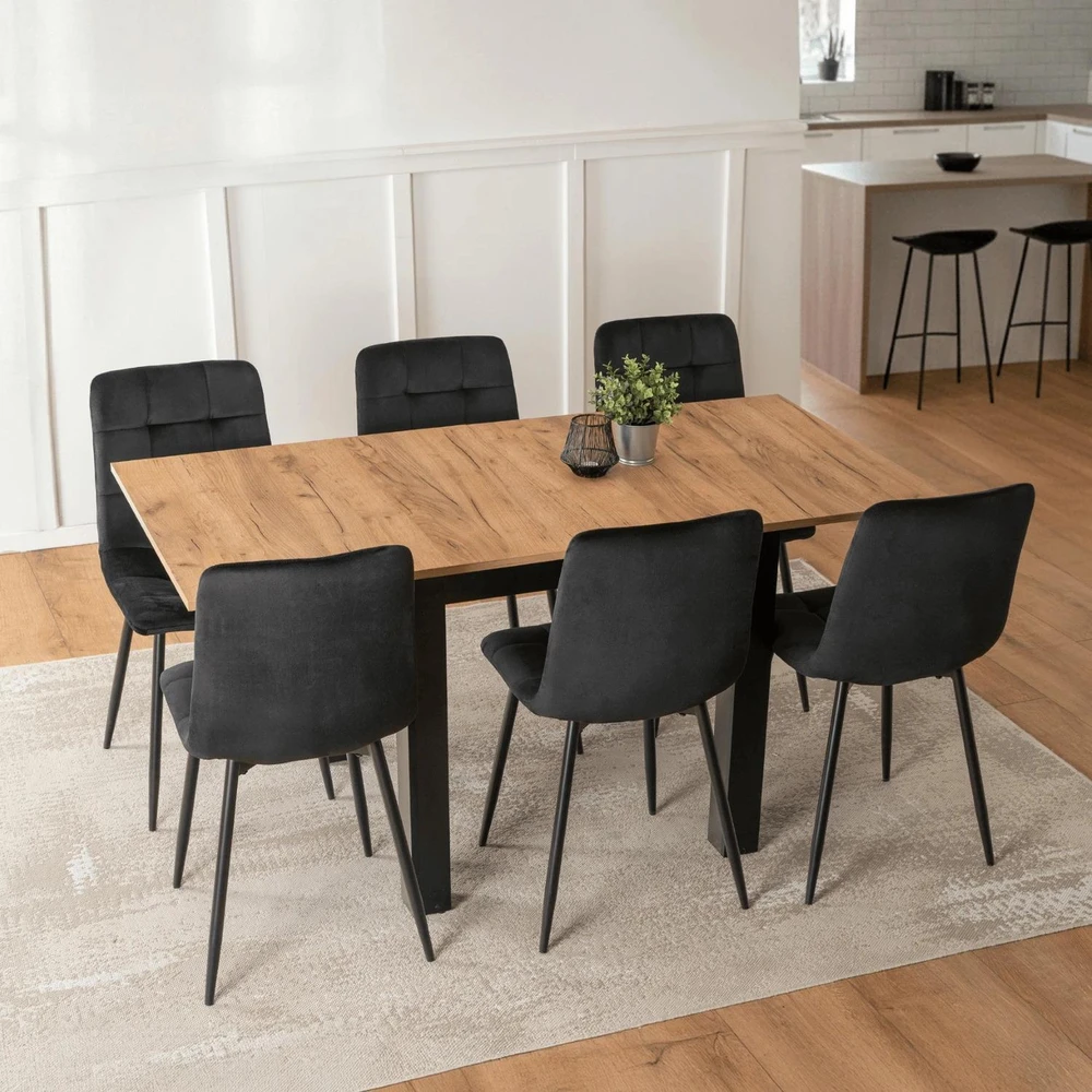 Mebel Elite Išskleidžiamas stalo ir 6 kėdžių komplektas, 80 × 80 cm, ąžuolo „Craft“ ir juodos spalvos