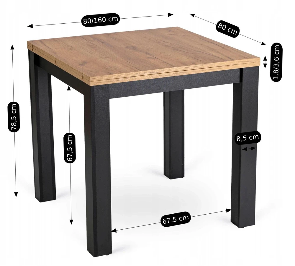 Mebel Elite Išskleidžiamas stalo ir 6 kėdžių komplektas, 80 × 80 cm, ąžuolo „Craft“ ir juodos spalvos
