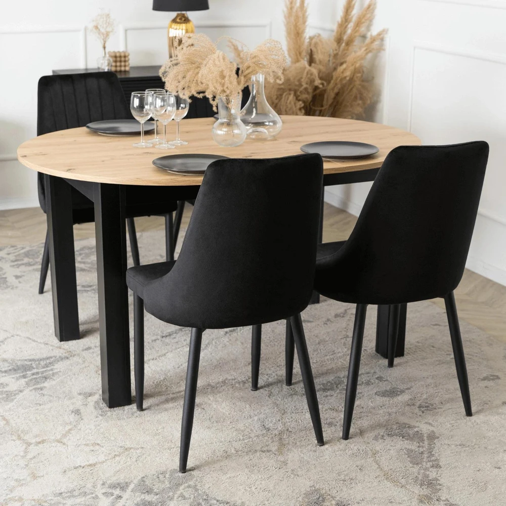 Mebel Elite Išskleidžiamas valgomojo stalas HARRY ir 4 kėdės, „artisan“ ąžuolo ir juodos spalvos