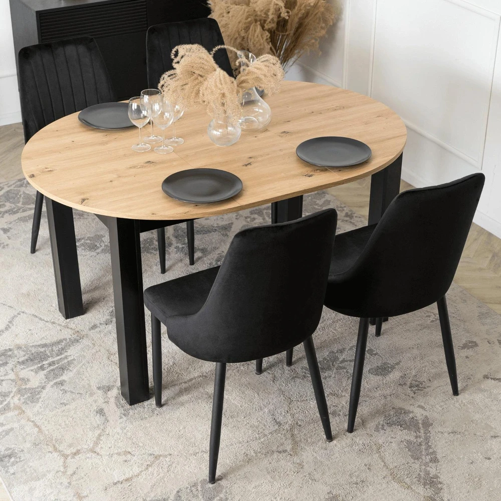 Mebel Elite Išskleidžiamas valgomojo stalas HARRY ir 4 kėdės, „artisan“ ąžuolo ir juodos spalvos