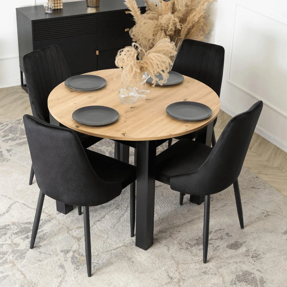 Mebel Elite Išskleidžiamas valgomojo stalas HARRY ir 4 kėdės, „artisan“ ąžuolo ir juodos spalvos