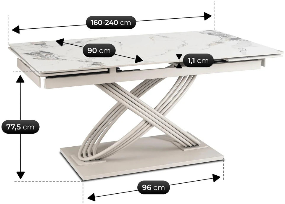 Mebel Elite Išskleidžiamas valgomojo stalas su keraminiu stalviršiu, 160–240 cm, balto marmuro ir kašmyro spalvos