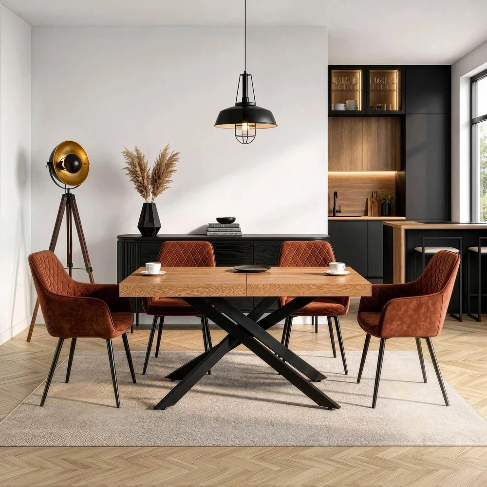 Mebel Elite Išskleidžiamasis stalas HAMPTON, 160–240 × 90 cm, aukso ąžuolo / juodas