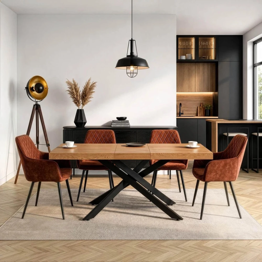 Mebel Elite Išskleidžiamasis stalas HAMPTON, 160–240 × 90 cm, aukso ąžuolo / juodas