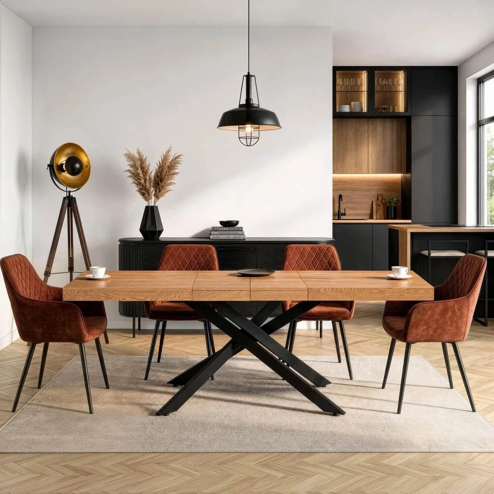 Mebel Elite Išskleidžiamasis stalas HAMPTON, 160–240 × 90 cm, aukso ąžuolo / juodas