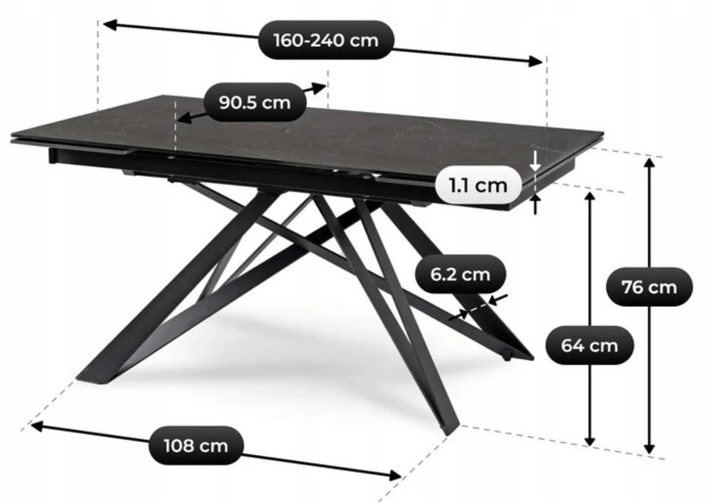 Mebel Elite Išskleidžiamasis stalas keraminiu stalviršiu, 160–240 cm, juodo marmuro spalvos