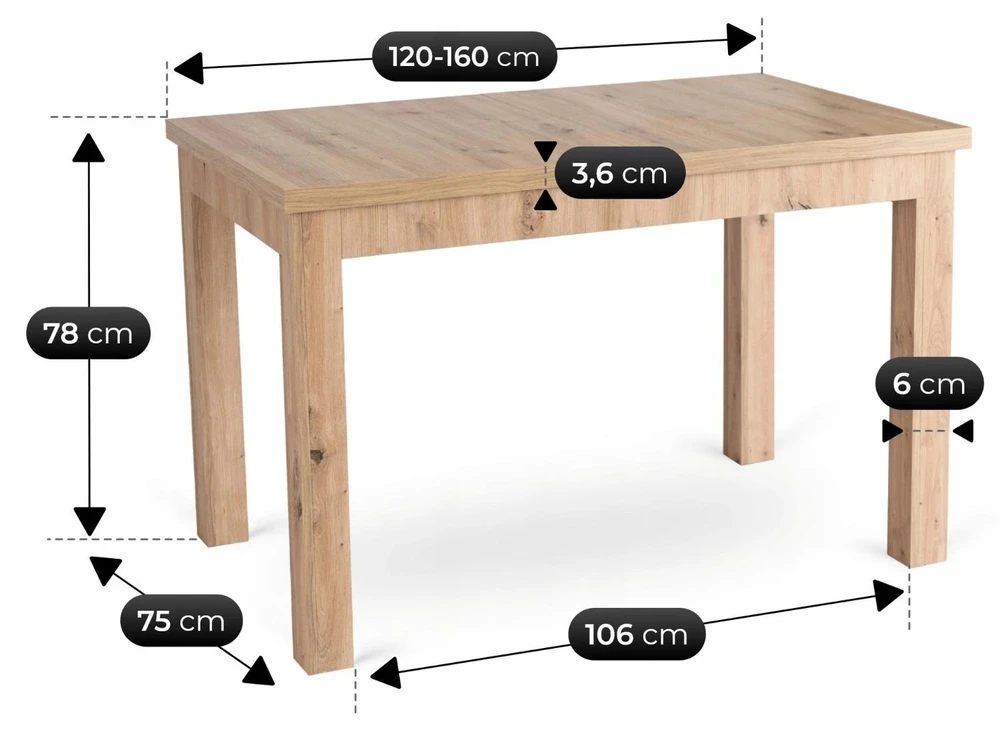 Mebel Elite Išskleidžiamasis stalas SKUBI, 120–160 × 75 cm, artisan ąžuolo