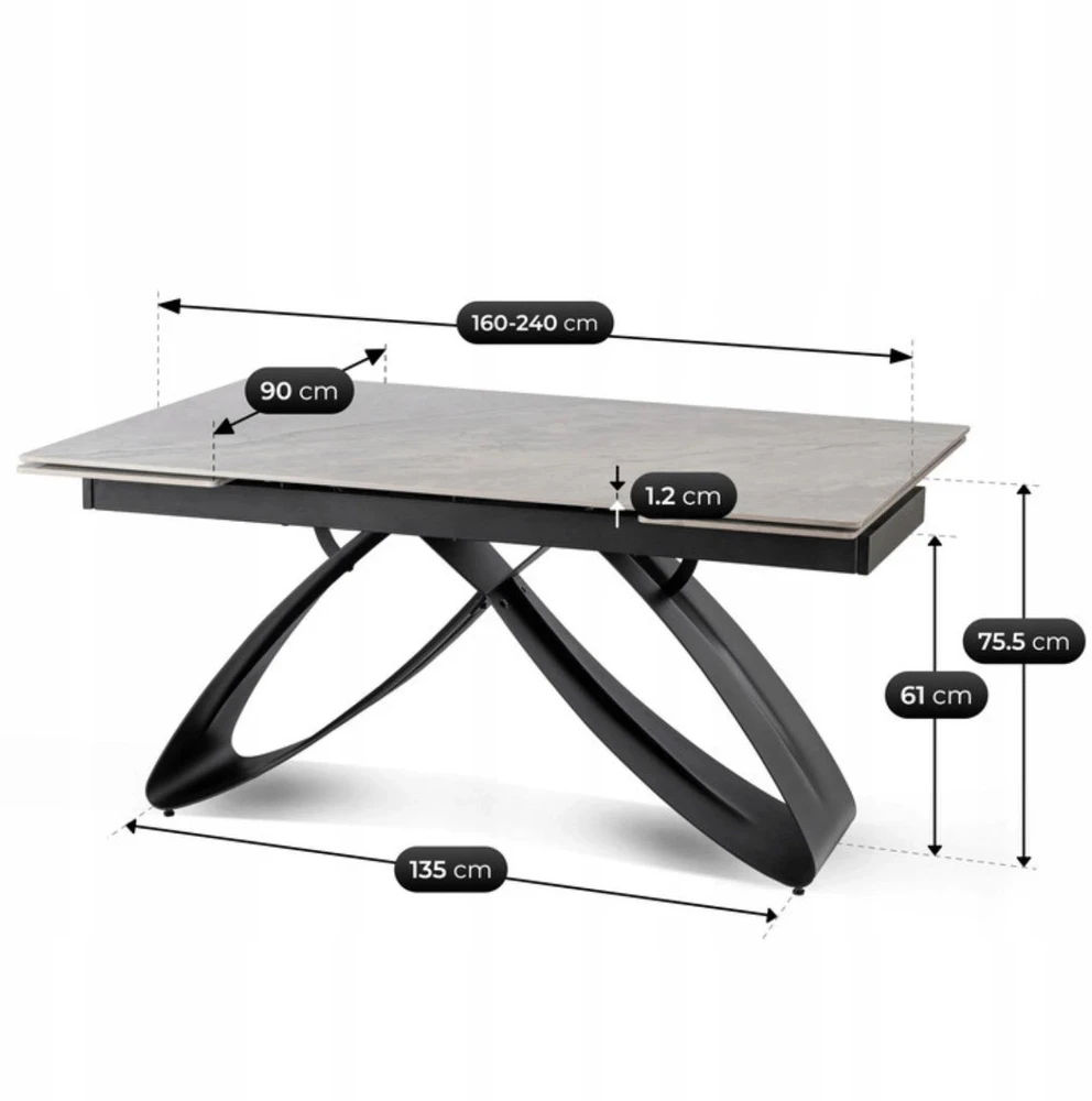 Mebel Elite Išskleidžiamasis stalas su keraminiu stalviršiu, 160–240 cm, pilko marmuro ir juodos spalvos